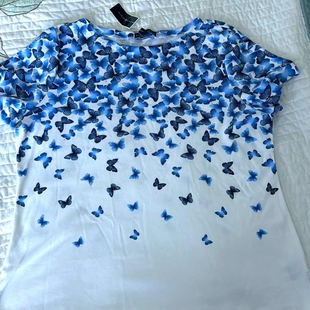 Karen Scott White Tee with Blue Butterfly Print